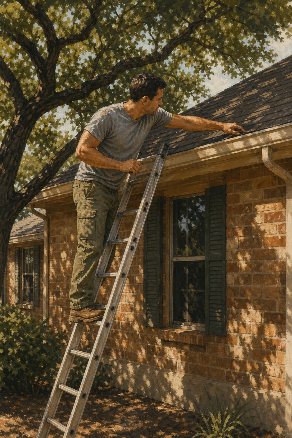 An off-duty firefighter on a ladder checking roof-edge flashing on a 48 — reading a house the way he already knows how.