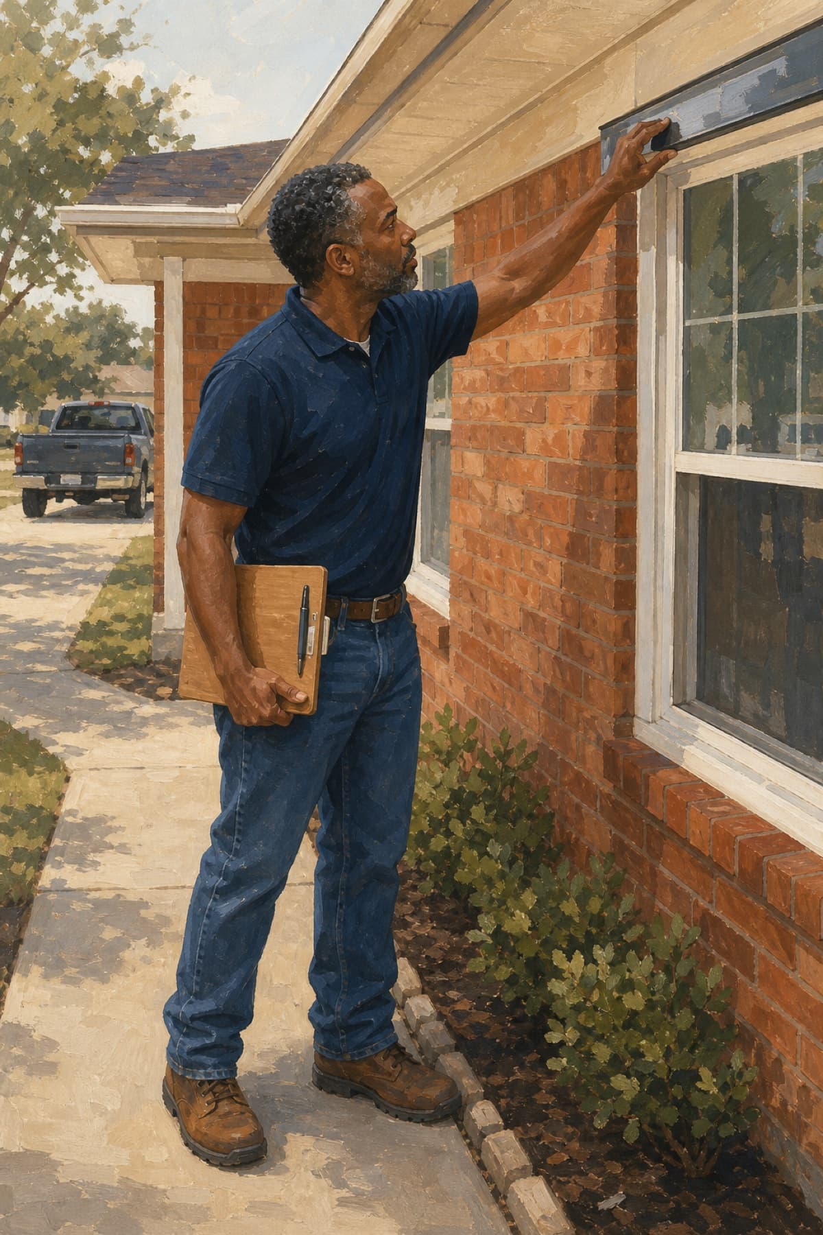 An off-duty officer checking window flashing on a Texas house and writing notes — the same systematic look, before turning in the badge.