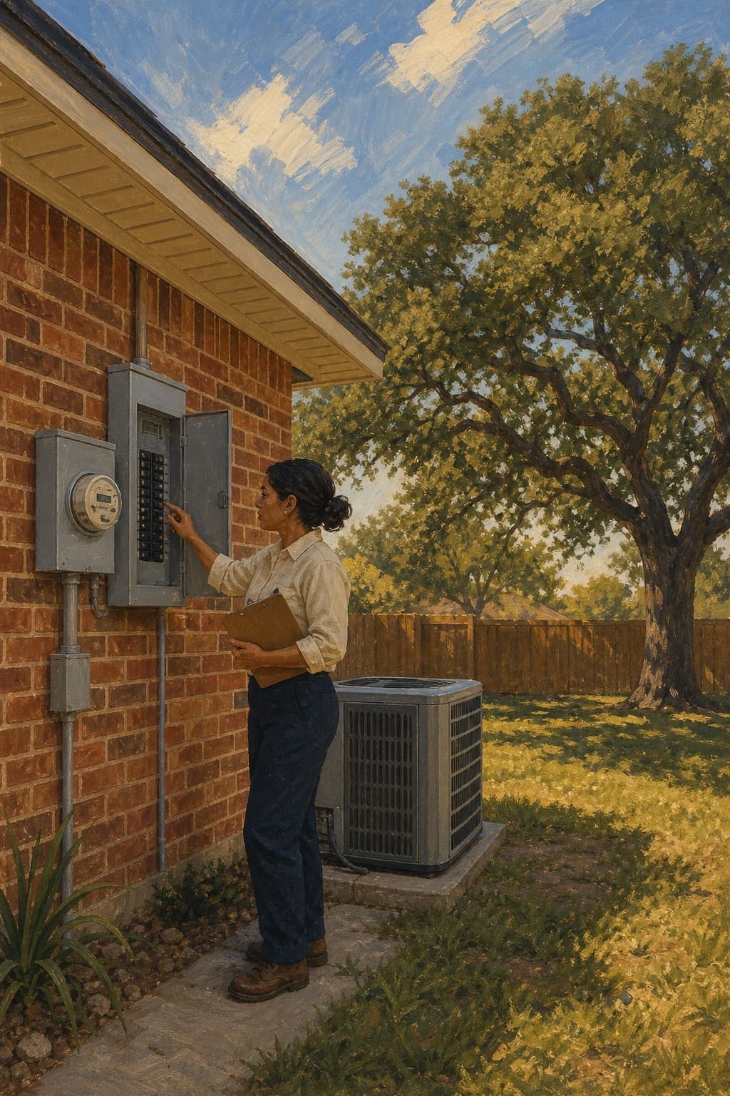 A former teacher inspecting an exterior electrical service panel in the side yard of a Texas brick house — looking, then writing it down.
